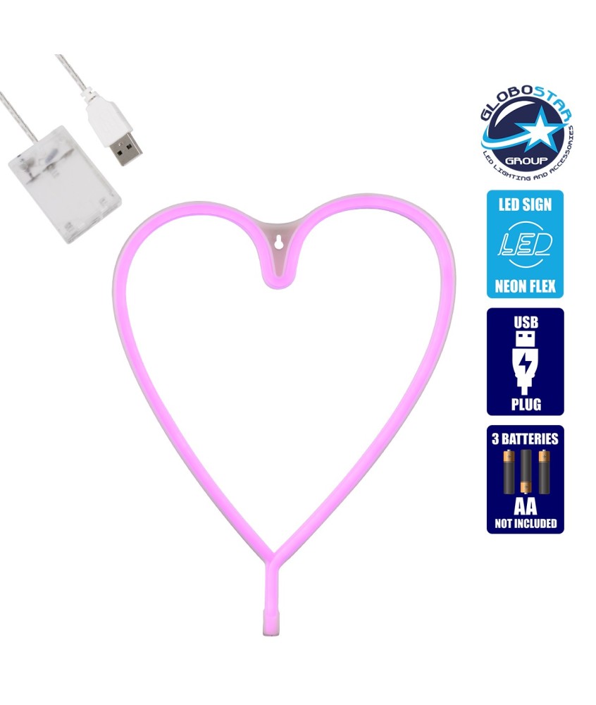 GloboStar® 78593 Φωτιστικό Ταμπέλα Φωτεινή Επιγραφή NEON LED Σήμανσης HEART LINE 5W με Καλώδιο Τροφοδοσίας USB - Μπαταρίας 3xAAA (Δεν Περιλαμβάνονται) - Ροζ